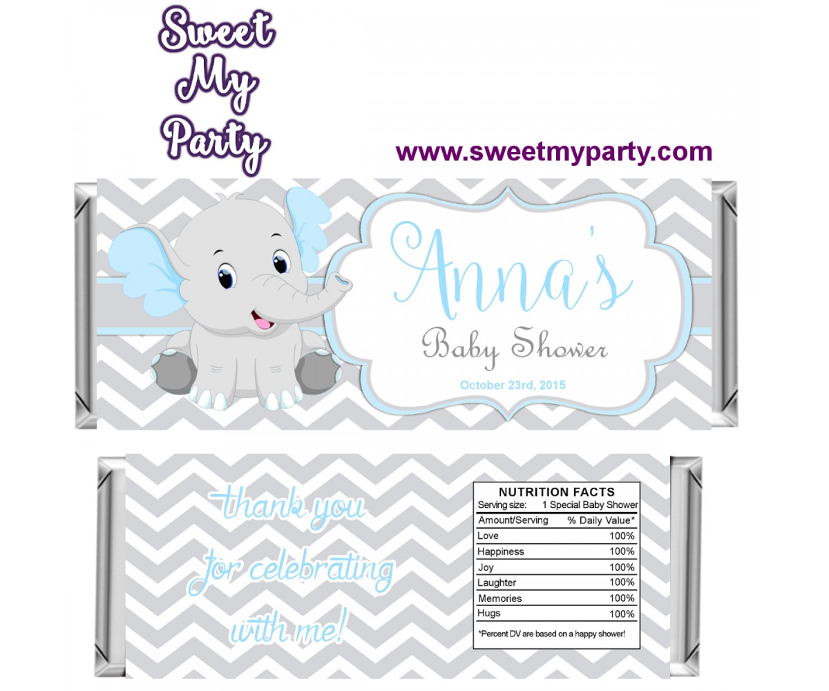 Blue and Grey Elephant Baby Shower candy bar wrappers,(7ebb)